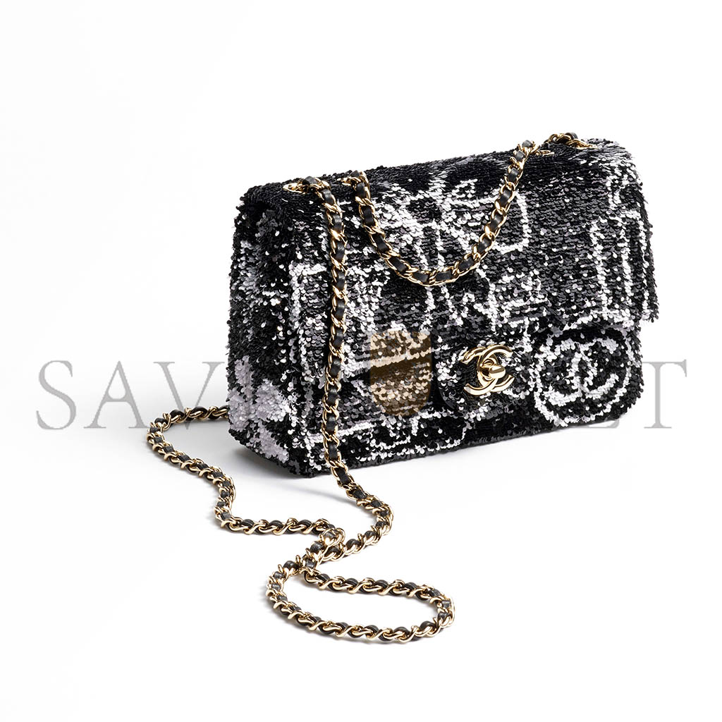 CHANEL FLAP BAG SEQUINS & GOLD-TONE METAL BLACK & WHITE AS4561 (21*14*8cm)